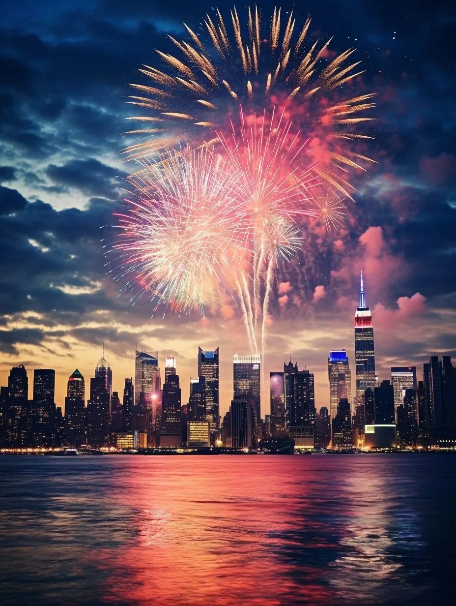 Fireworks over city skyline with vibrant colors and reflections