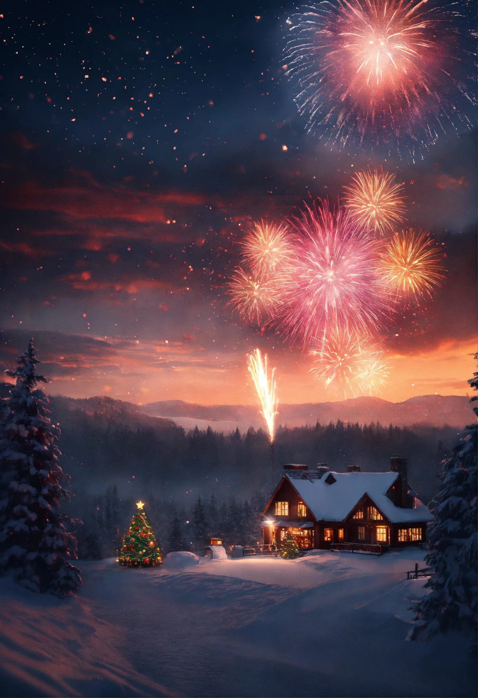 Fireworks over Snowy Village at Night with Sparkling Lights