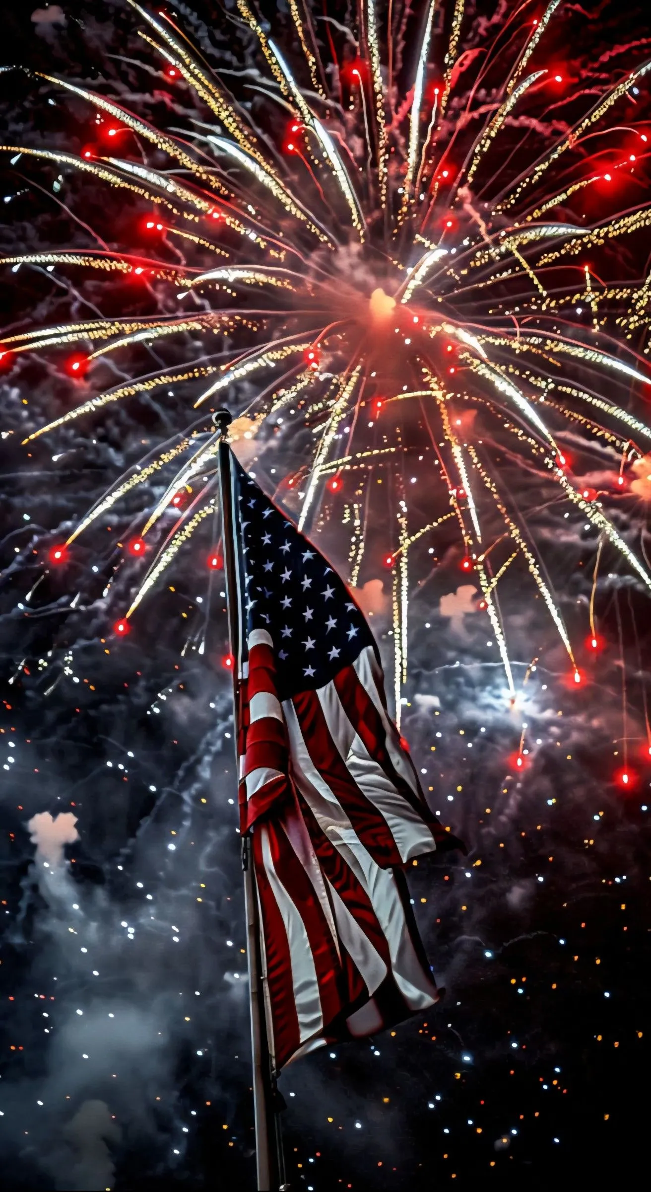 Fireworks over the American Flag During Nighttime Celebration