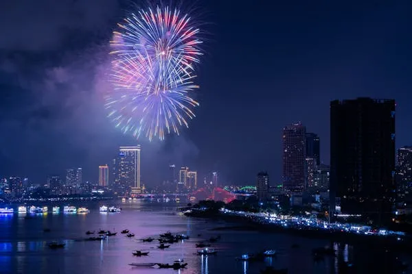 Fireworks Reflected in Water During Nighttime Celebration