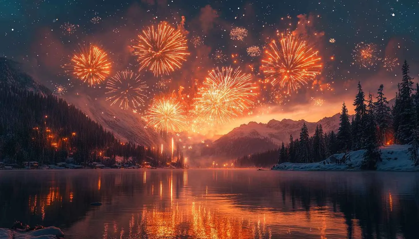 Fireworks Show over Mountain Landscape at Twilight image