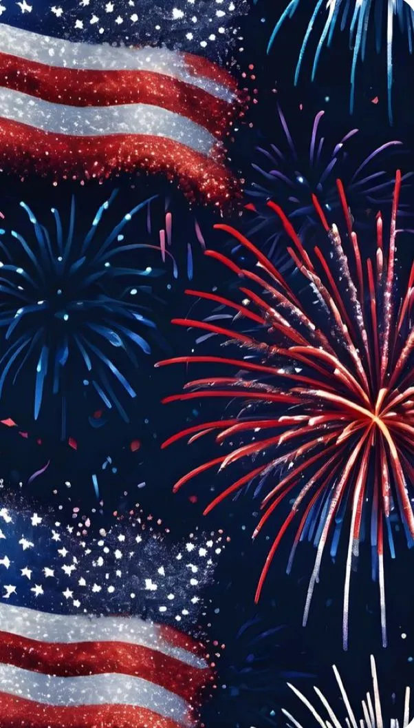 Fireworks with American flag in the background lighting up sky