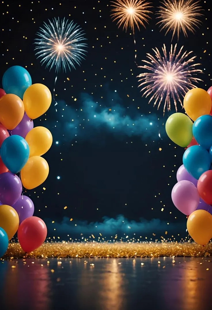 Fireworks with Colorful Balloons in the Night Sky Wallpaper