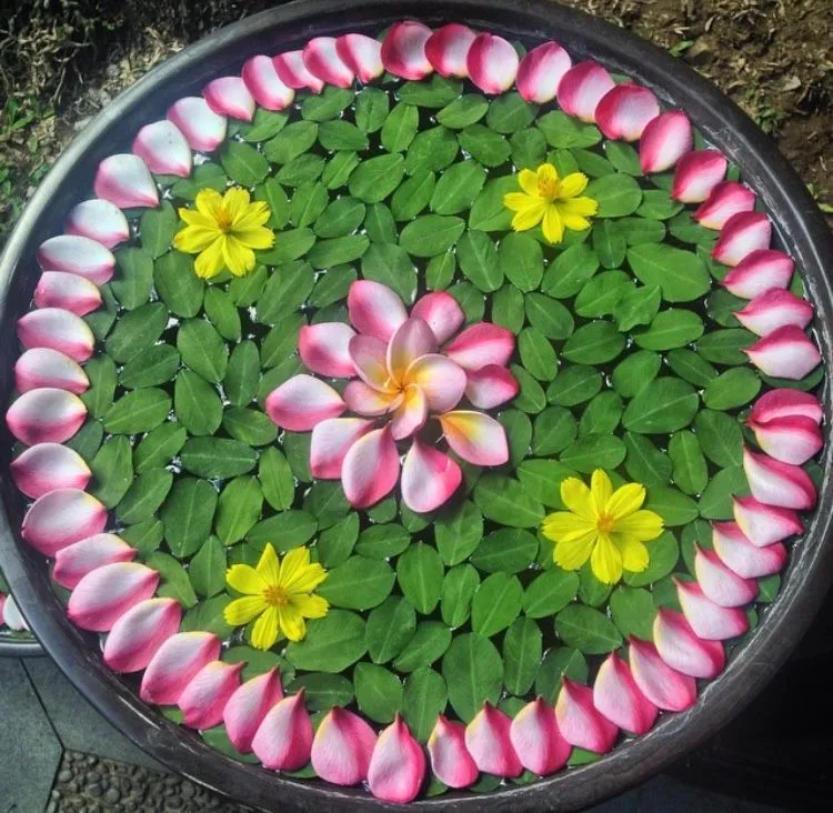 Floating flower Rangoli design with petals and leaves image