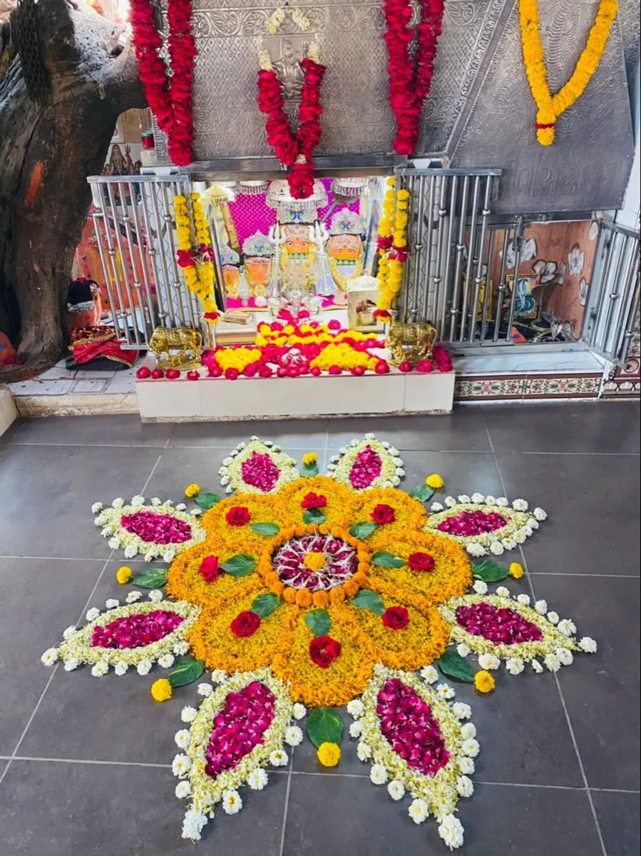 Floral design pookolam with white and pink petals image