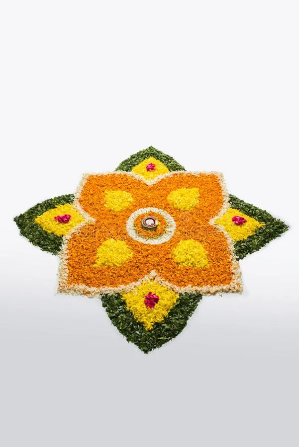 Floral Rangoli Design with diya and symmetrical Patterns