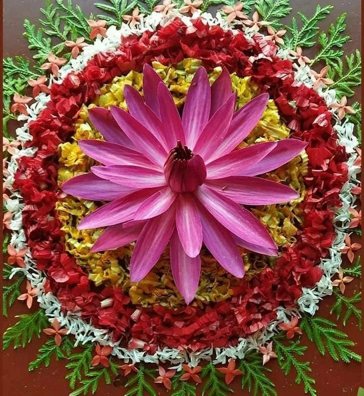Floral rangoli with pink lotus and colourful flower petals