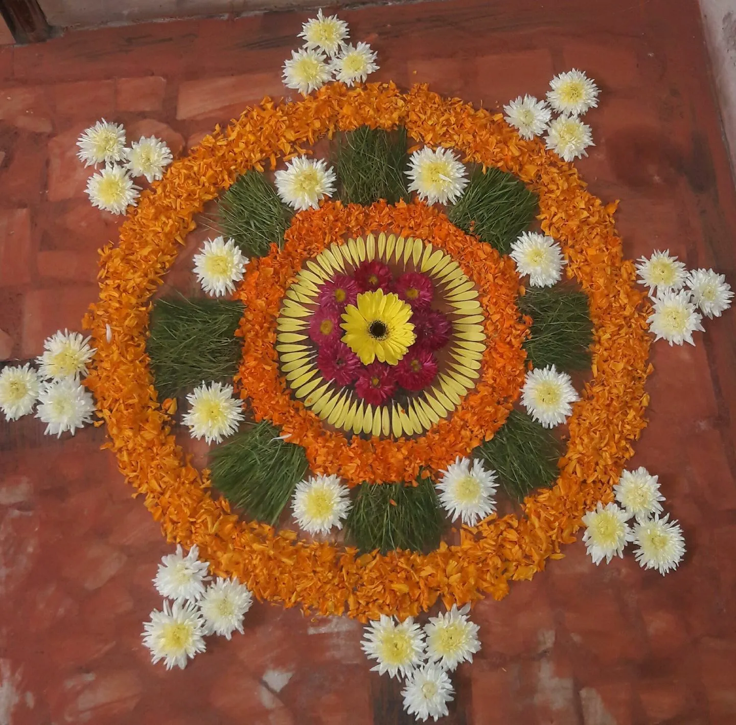 Flower pookolam with marigolds grass and white daisies image