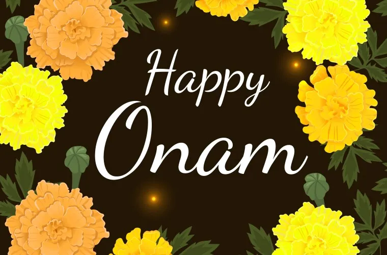 Flowers design with the Happy Onam text with white colour