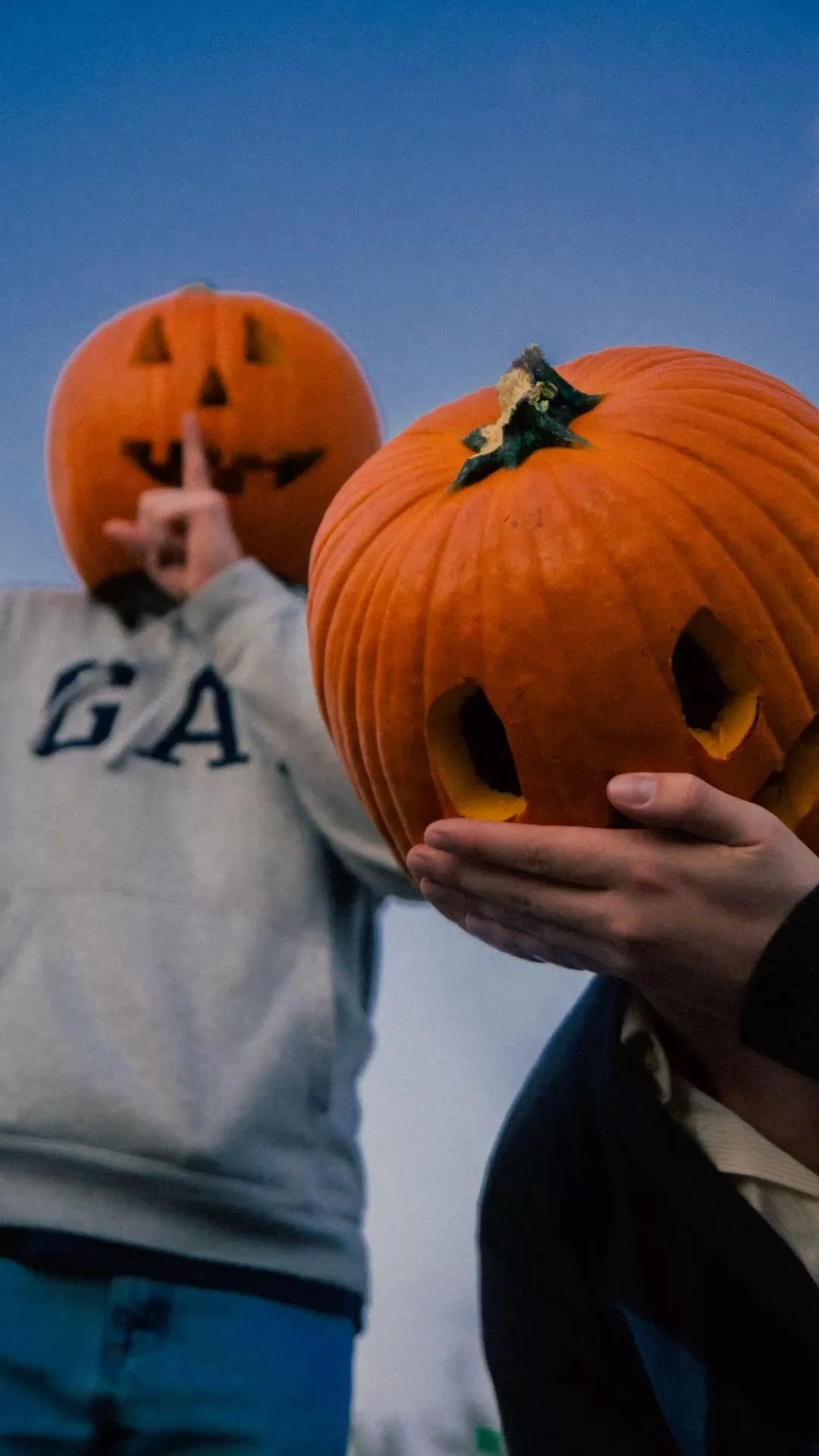 Friends in Pumpkin Heads Celebrating Outdoors Wallpaper