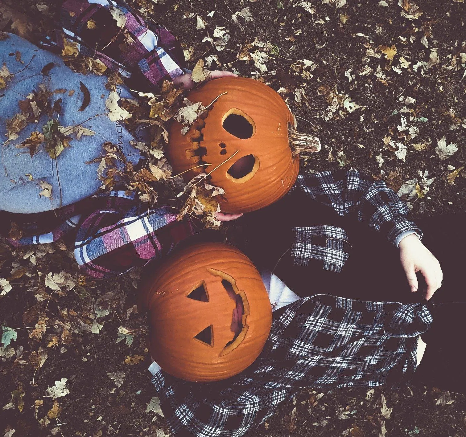 Friends Lying in Leaves with Carved Pumpkins for Halloween