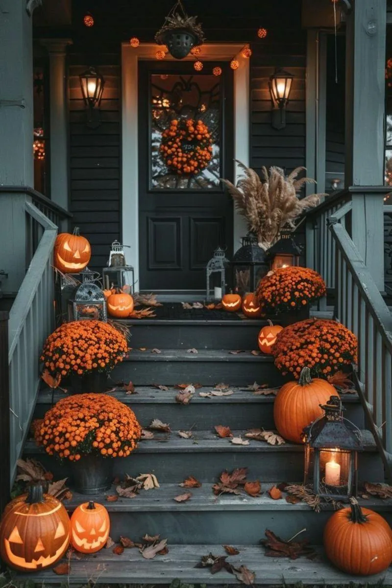 Front Porch Decorated with Pumpkins and Orange Mums