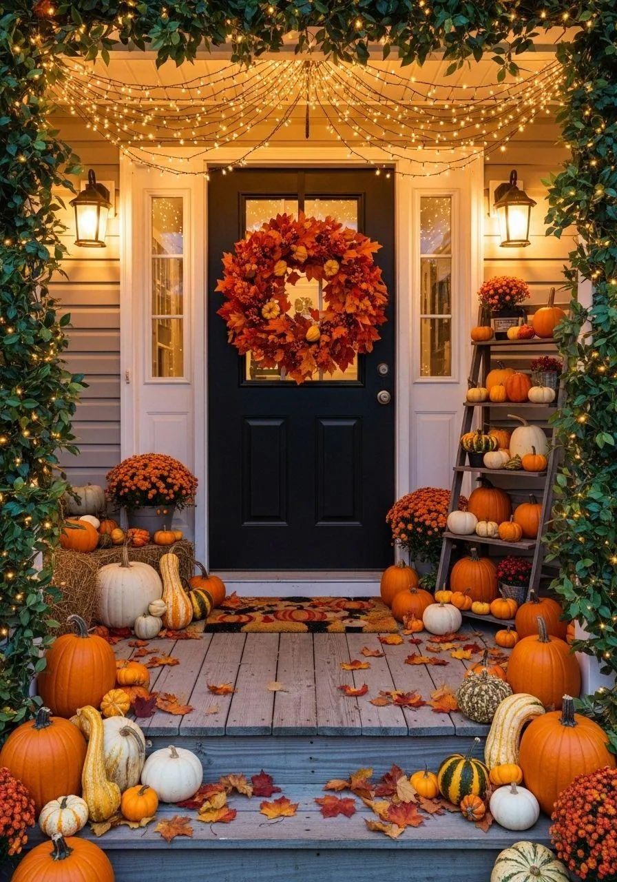 Front Porch Fall Decoration with Pumpkins and Wreath