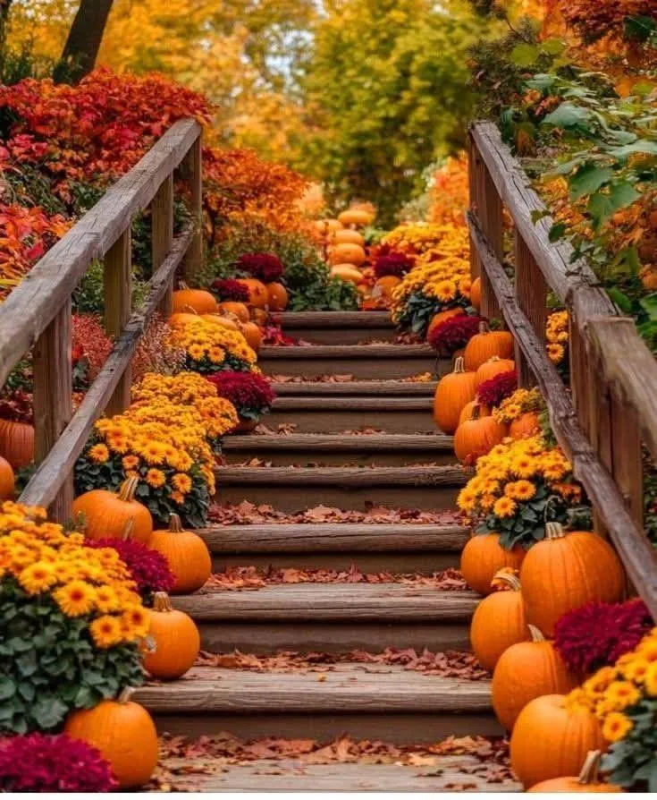 Front Porch Stairs Decorated with Pumpkins and Mums Image
