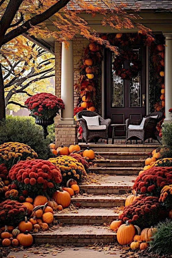 Front Porch with Halloween Pumpkins and Fall Mums Wallpaper