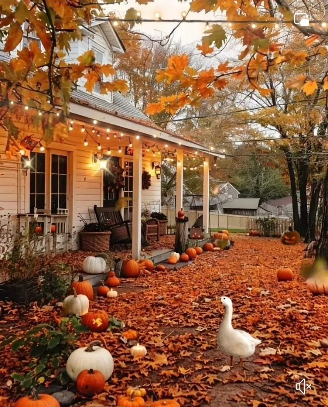 Front Porch with Pumpkins Lights and Autumn Garden Path