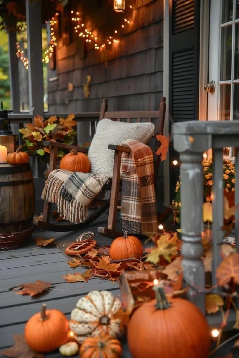 Front Porch with Seasonal Pumpkin and Autumn Decorations