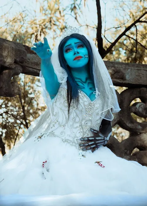 Ghost bride with blue face paint for Halloween theme HD