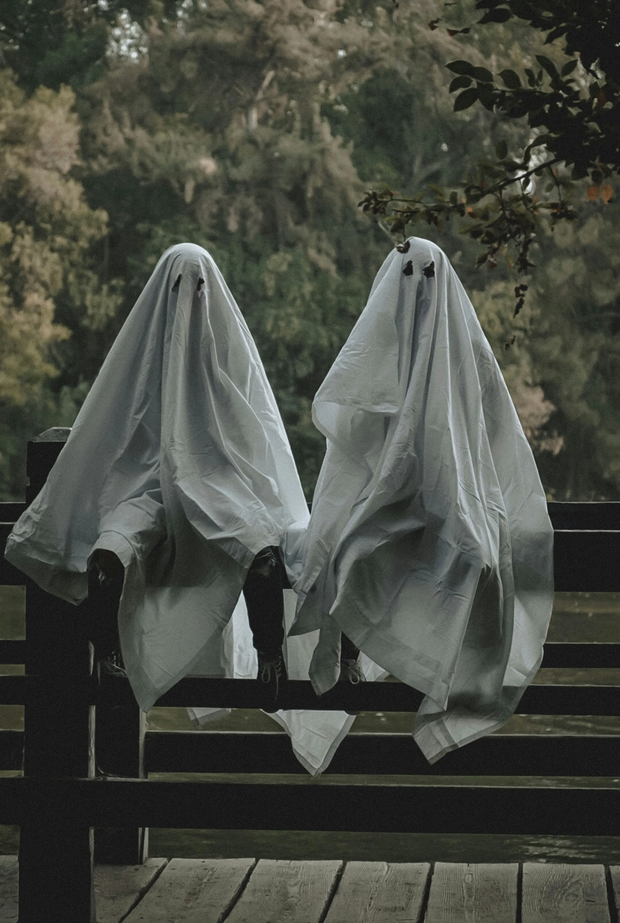 Ghost Costume Duo Sitting Outdoors Halloween Scene