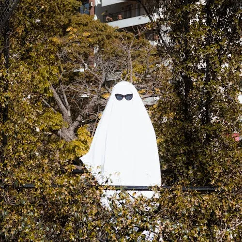Ghost Costume Hanging from Tree in Forest Setting image