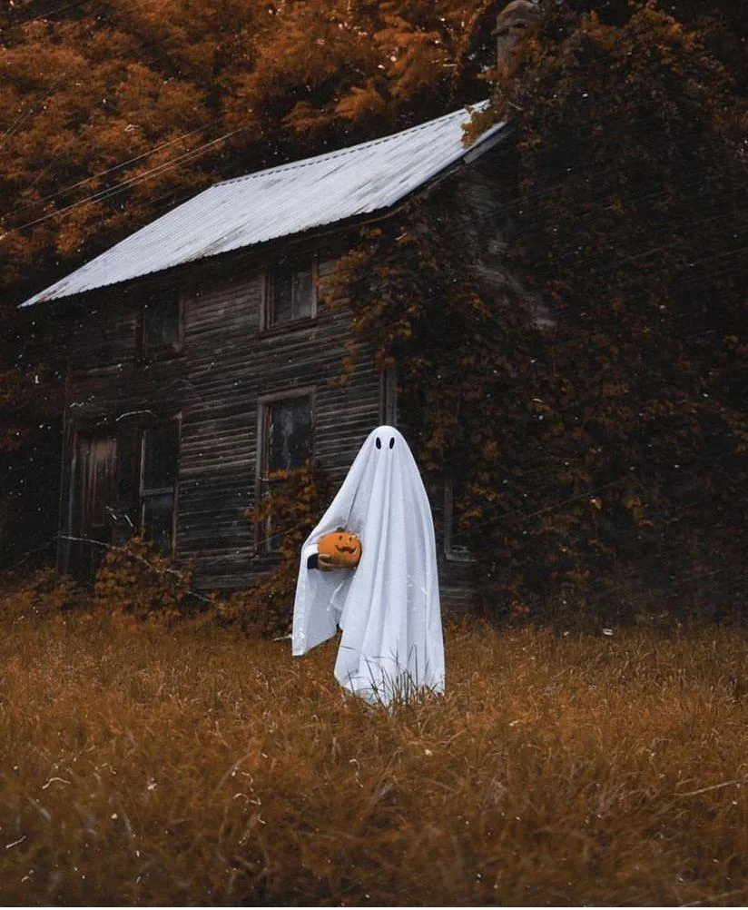 Ghost Costume near Cabin in Halloween Forest Setting