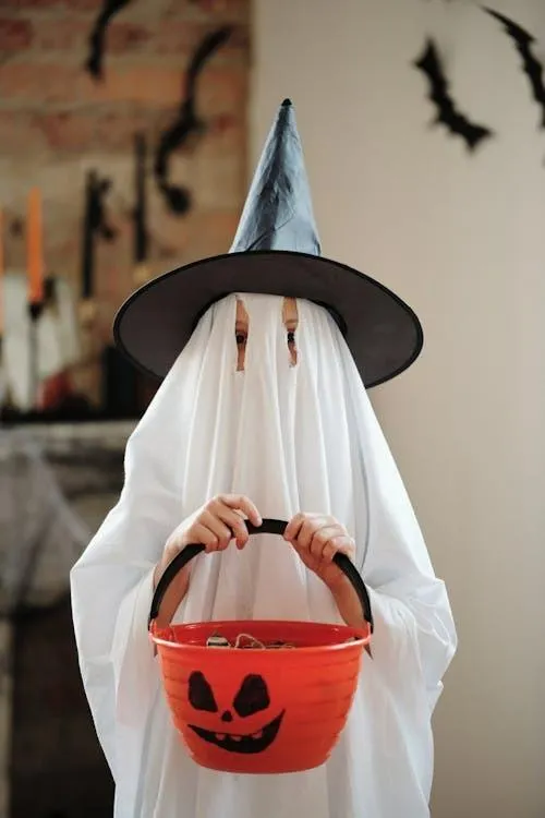Ghost Costume with Pumpkin Candy Bucket and Witch Hat