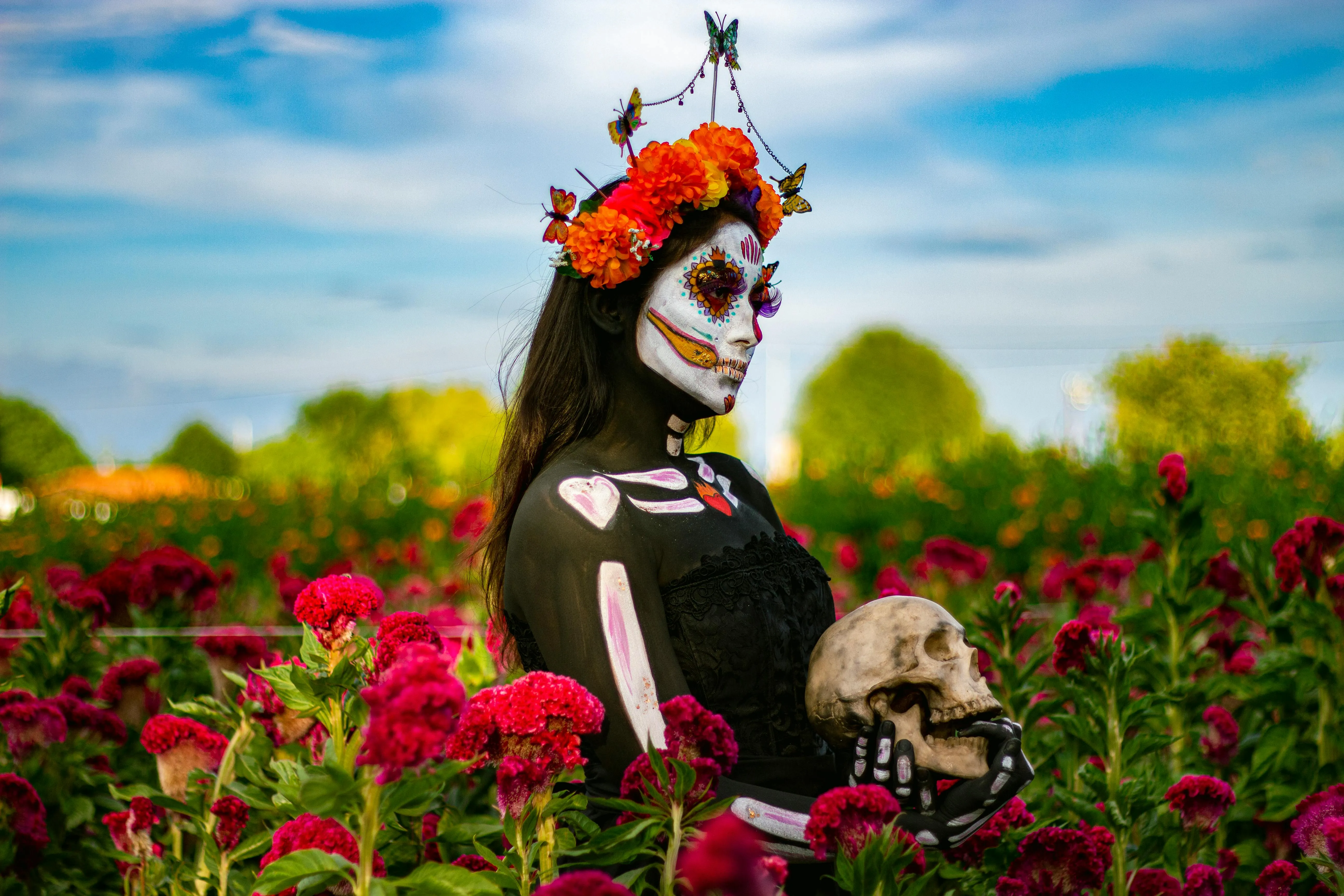 Girl in Day of the Dead Makeup in Flower Garden Wallpaper