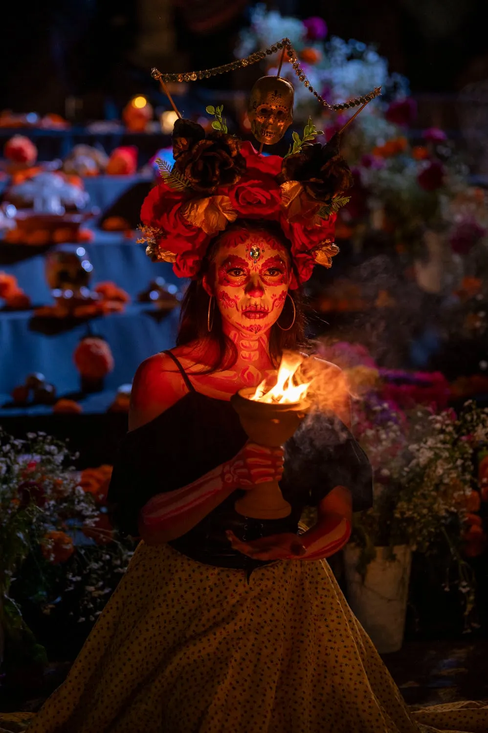 Girl in Day of the Dead with Fire and Floral Skull Crown