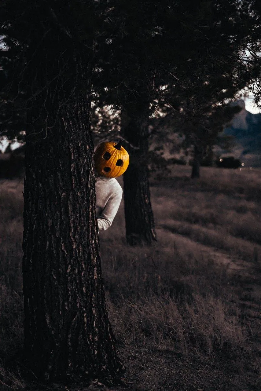 Girl in Pumpkin Head Costume Behind a Tree Wallpaper