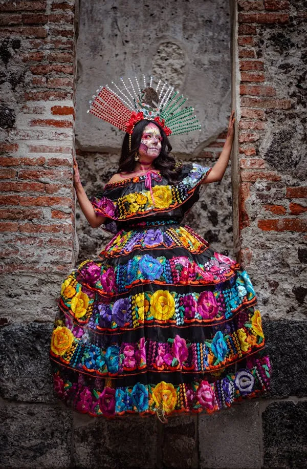 Girl in Vibrant Traditional Dress with Floral Headpiece image