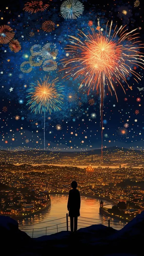 Girl Watching Beautiful Fireworks over the City free image