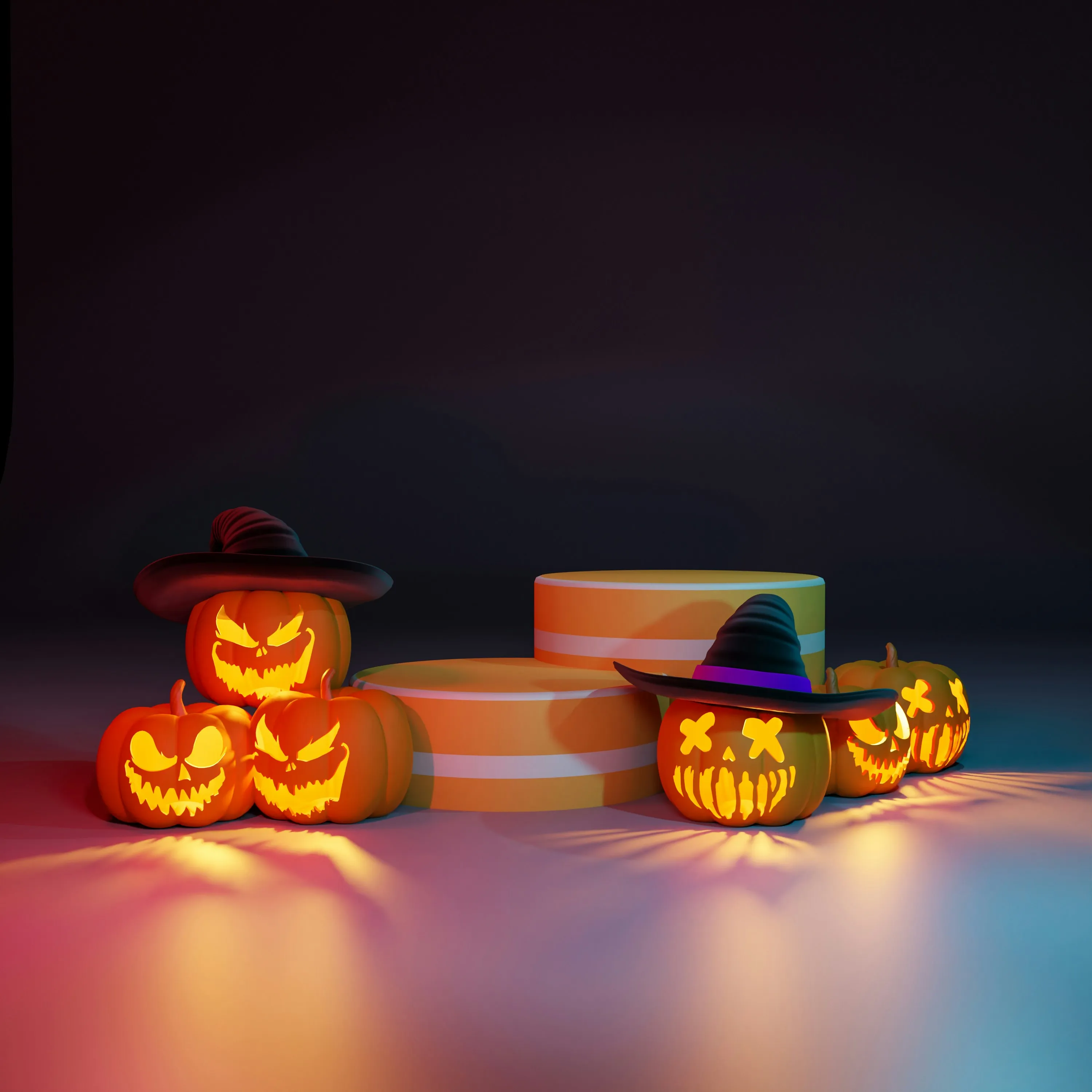 Glowing Halloween Pumpkins with Colored Lights on Table