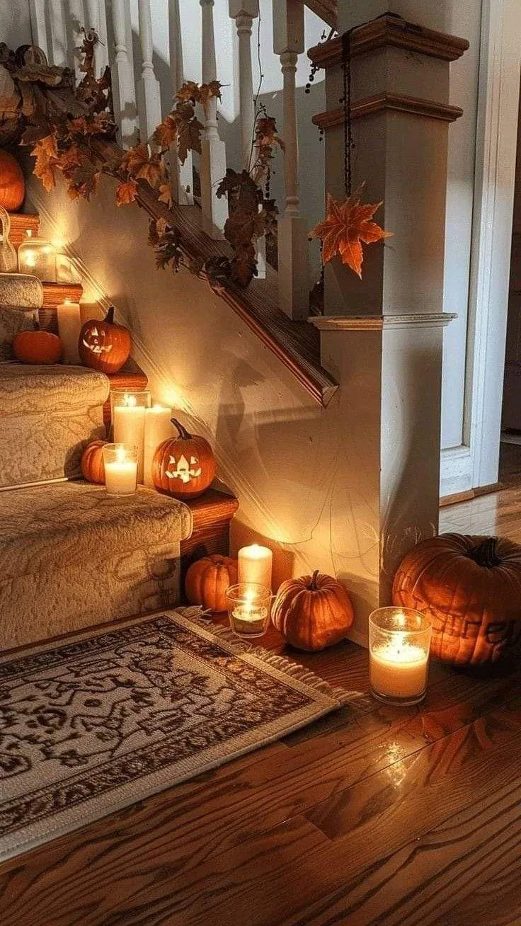 Glowing Jack O Lantern Pathway on Wooden Floor Image