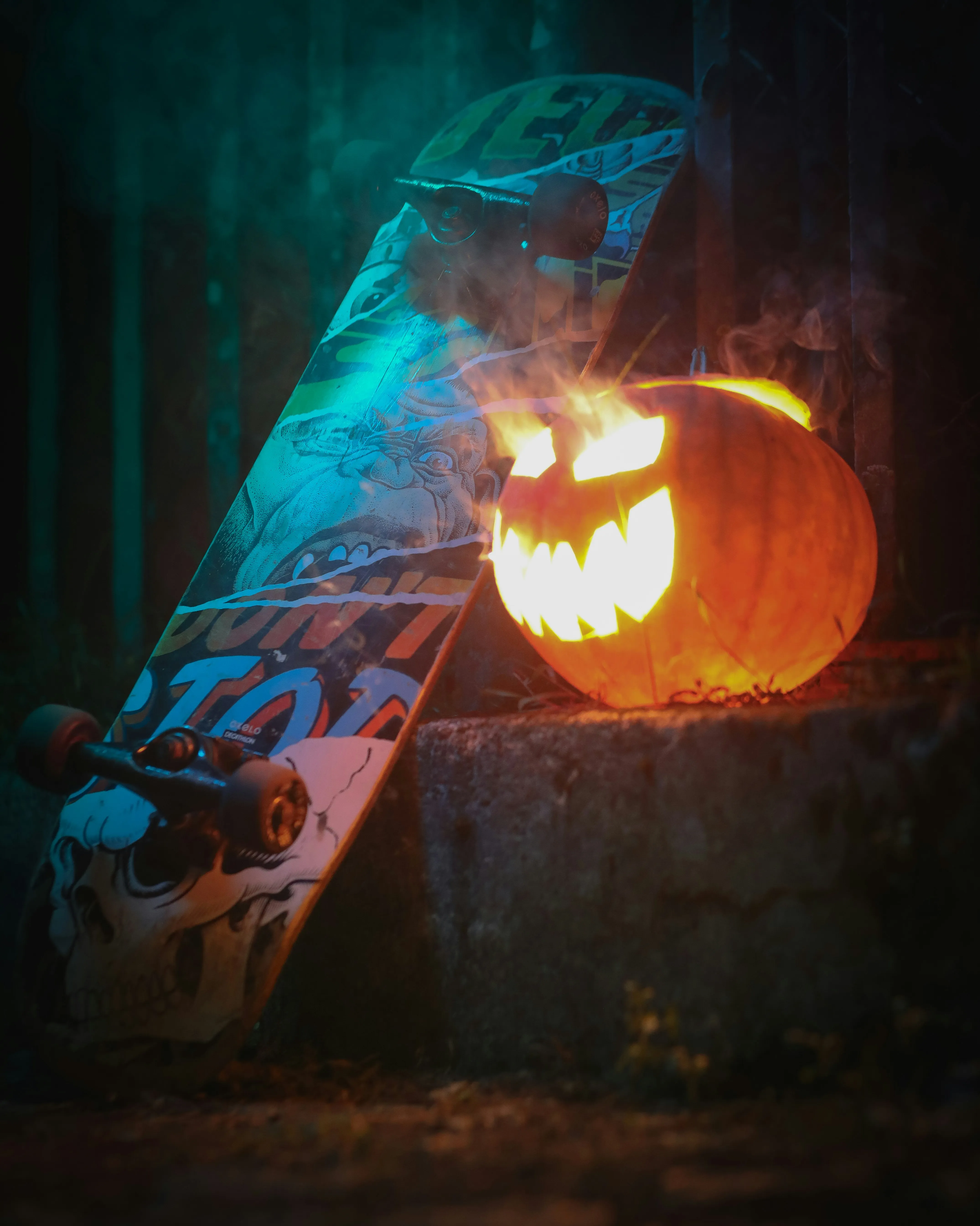 Glowing Pumpkin on Haunted Wooden Staircase with Skateboard
