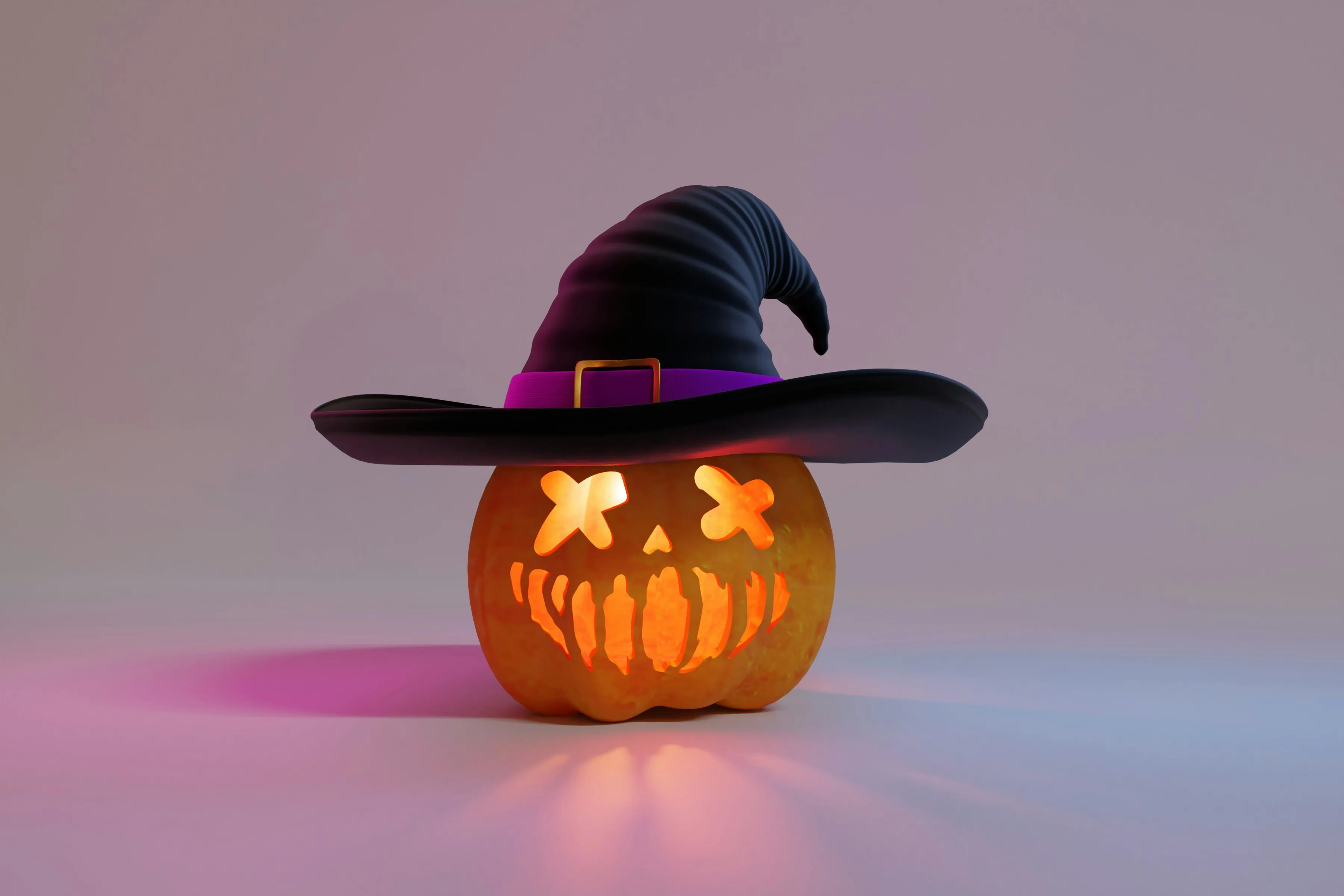 Glowing Pumpkin Wearing Witch Hat on Purple Background