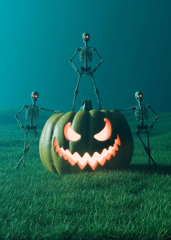 Glowing Pumpkin with Skeletons a Spooky Halloween Scene