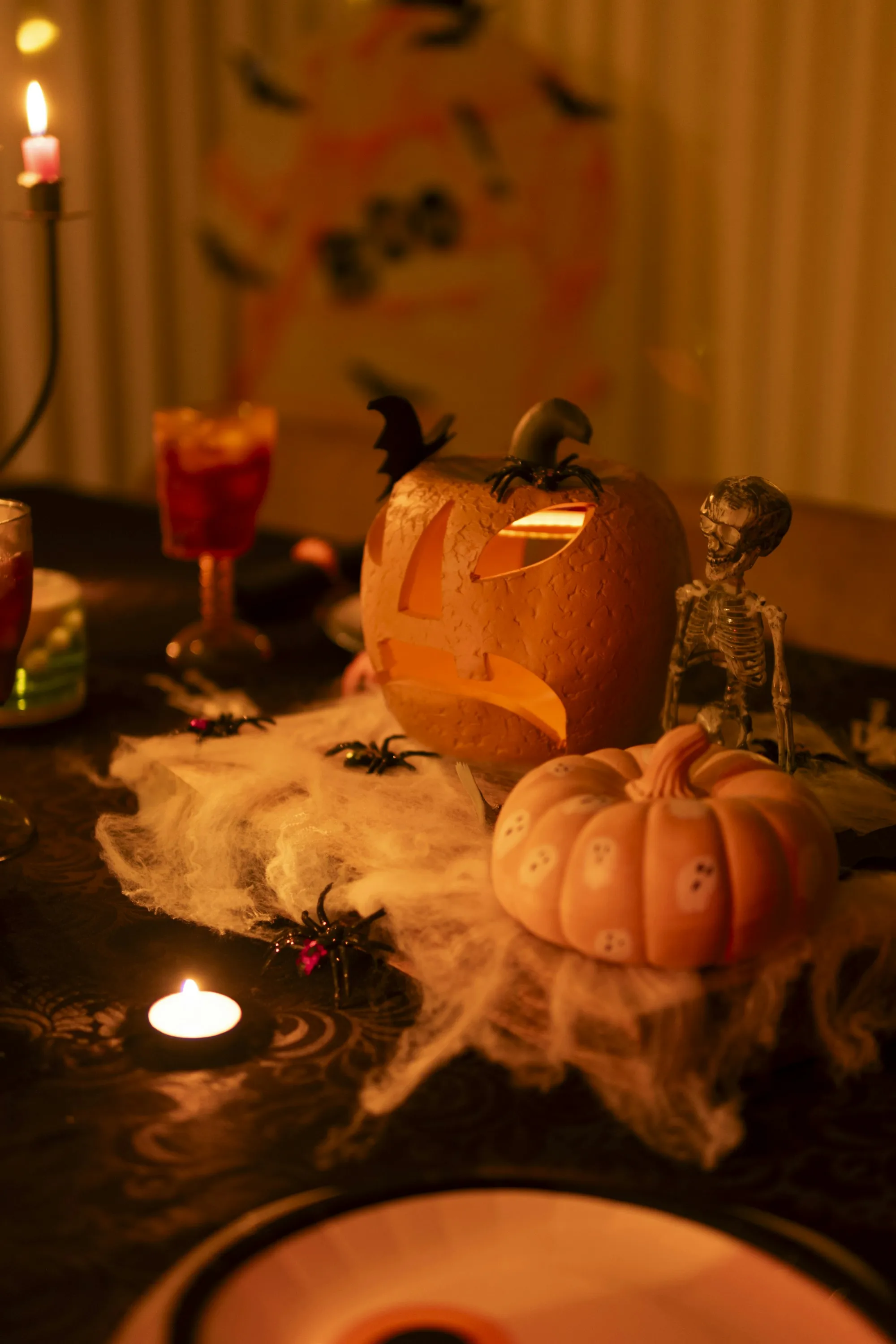 Glowing Pumpkin with Smoke on Table in Dim Light Wallpaper