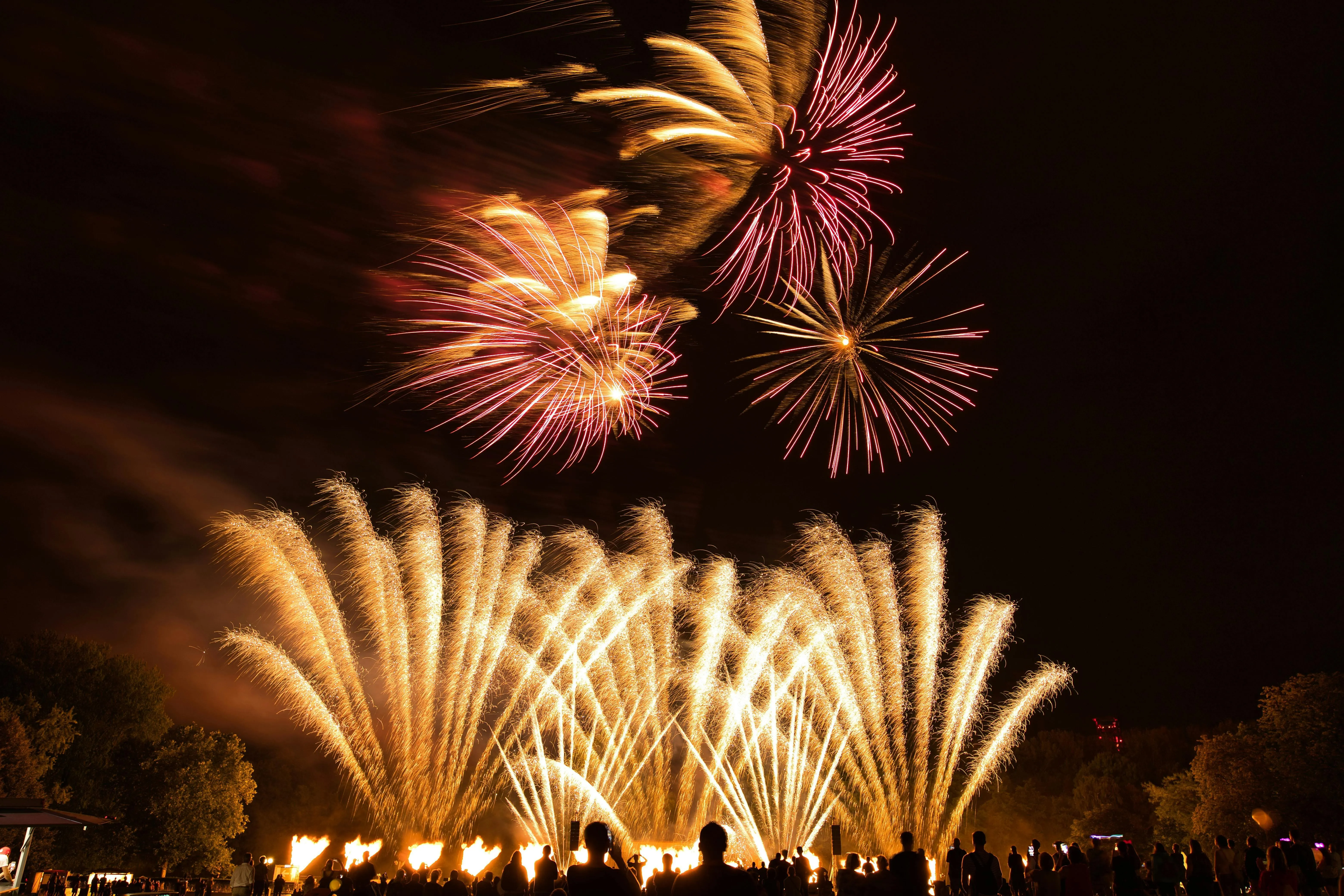 Golden and Purple Fireworks Exploding over a Crowd