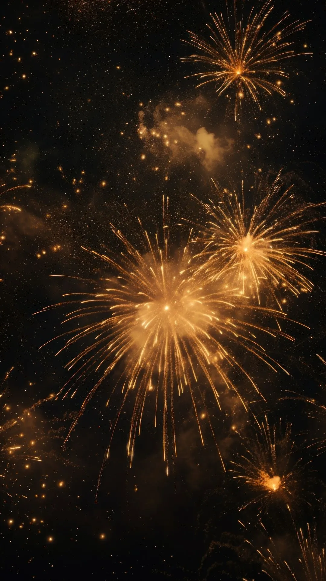 Golden fireworks bursting in the dark with a glowing effect