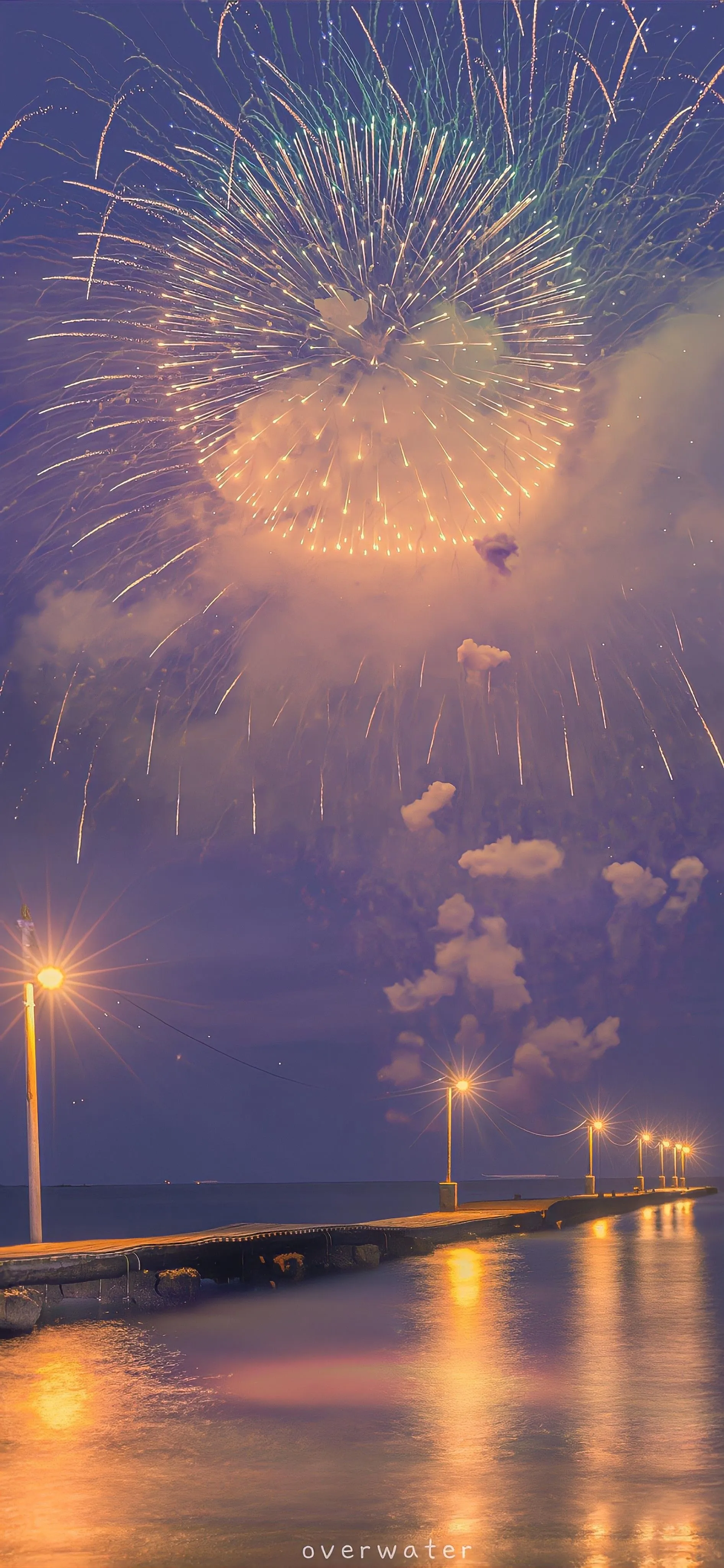 Gorgeous fireworks reflecting off the water during the night