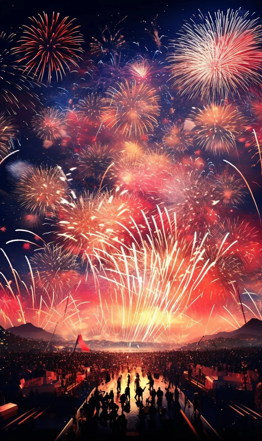 Grand fireworks show lighting up a scenic mountain view