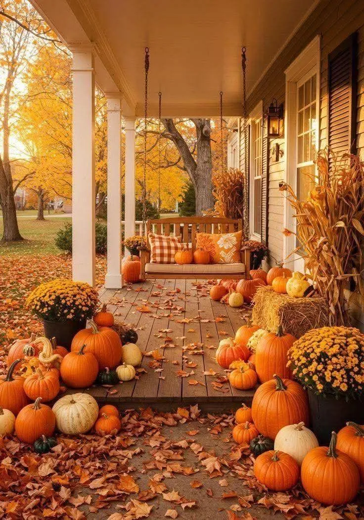Grand Front Porch with Pumpkin Stack Display Wallpaper