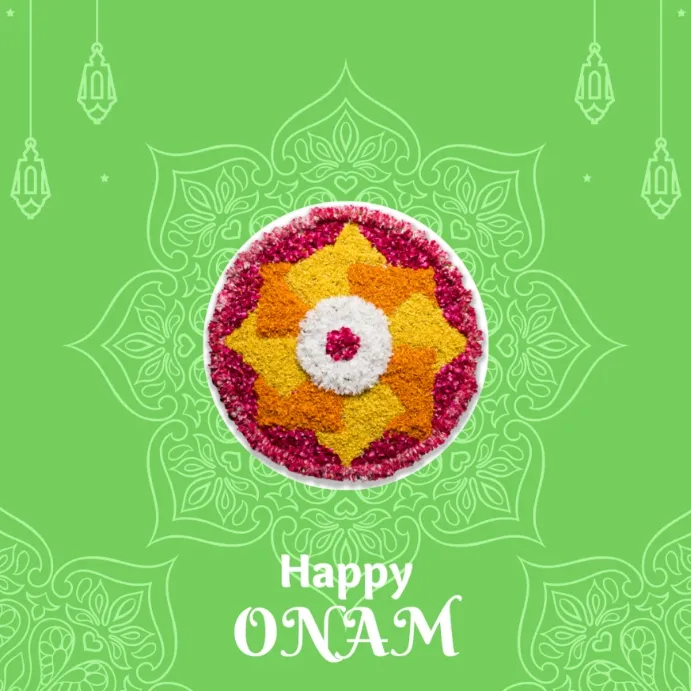 Green background with athapookolam design with happy Onam