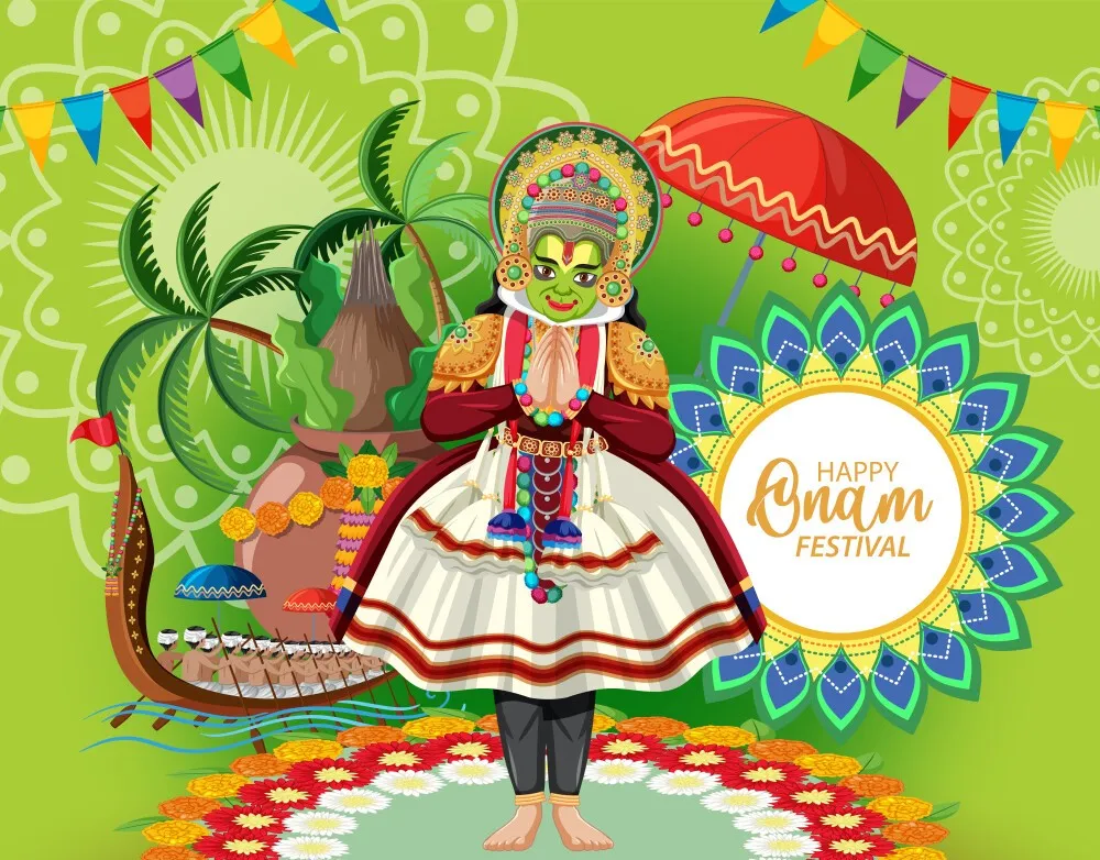 Green background with the kathakali and Vallam Kali image