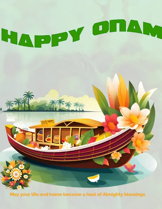 Green colour text with happy Onam and flower design