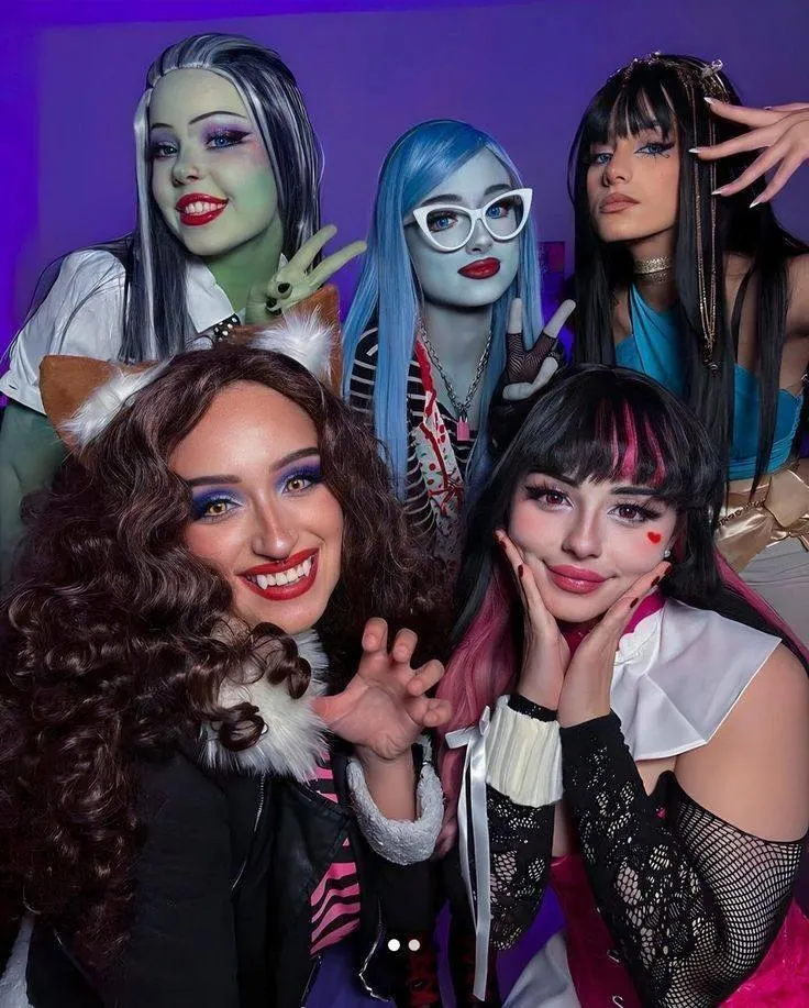Group of Friends in Creative Halloween Makeup and Costumes