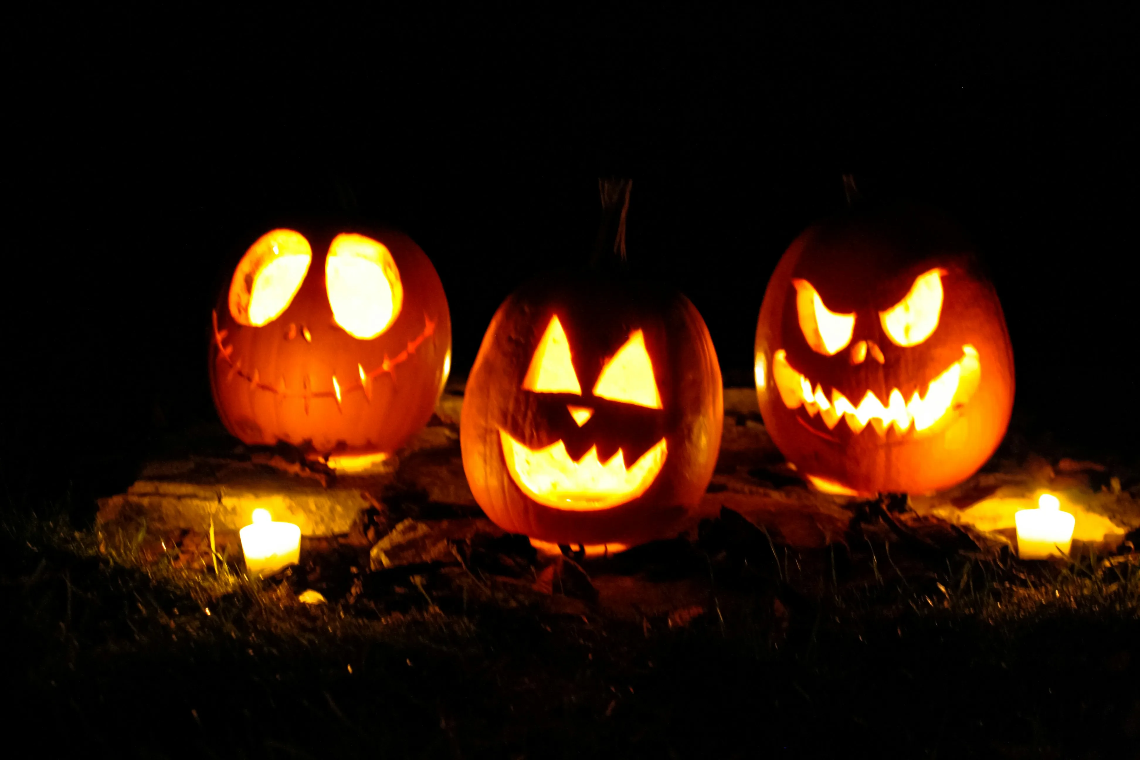 Group Of Three Glowing Jack O Lanterns in The Dark Image
