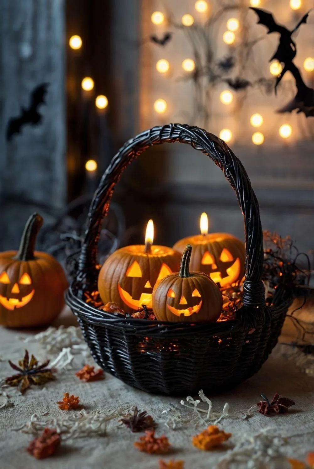 Halloween Basket with Glowing Pumpkins and Cozy Lights