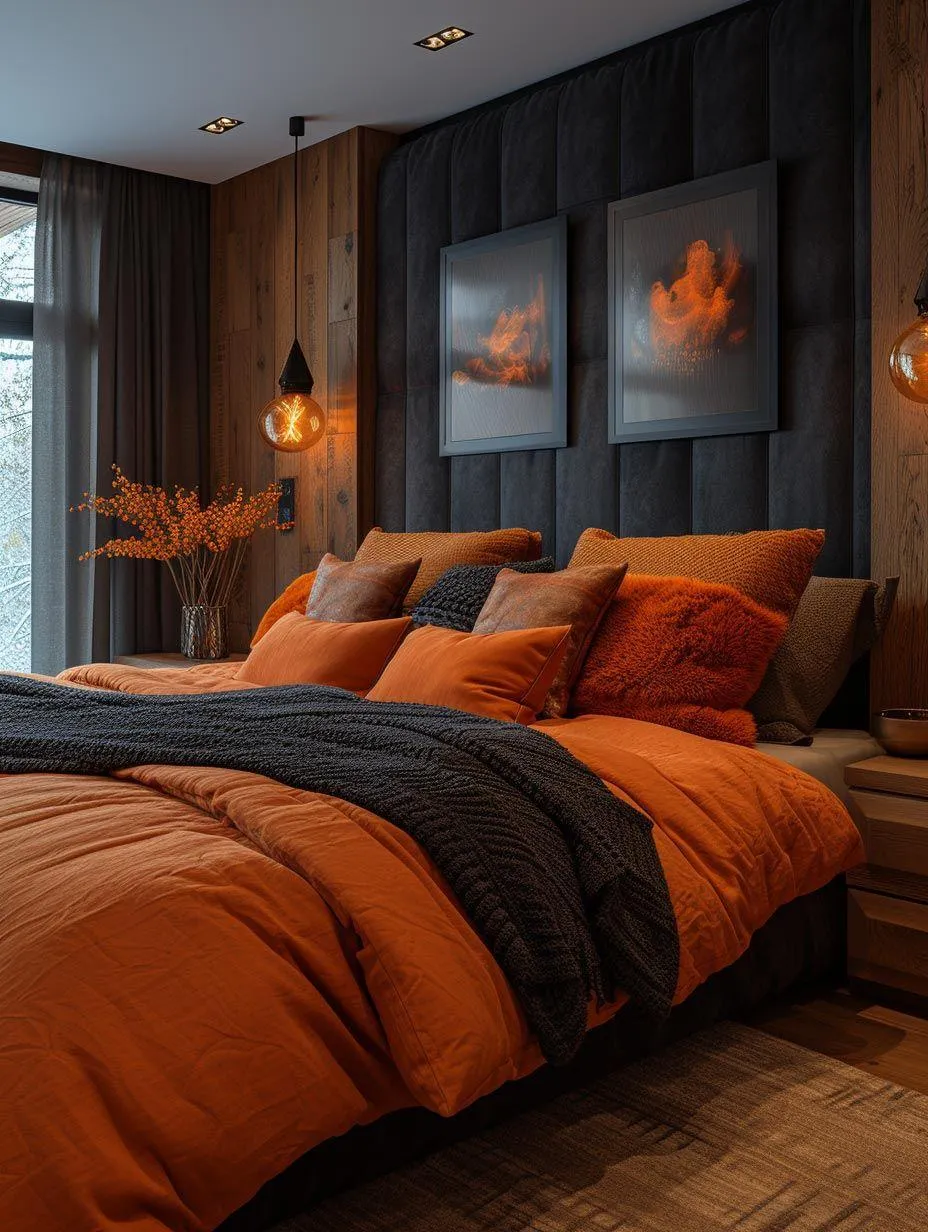 Halloween Bedroom with Cozy Lighting and Pumpkin Decor