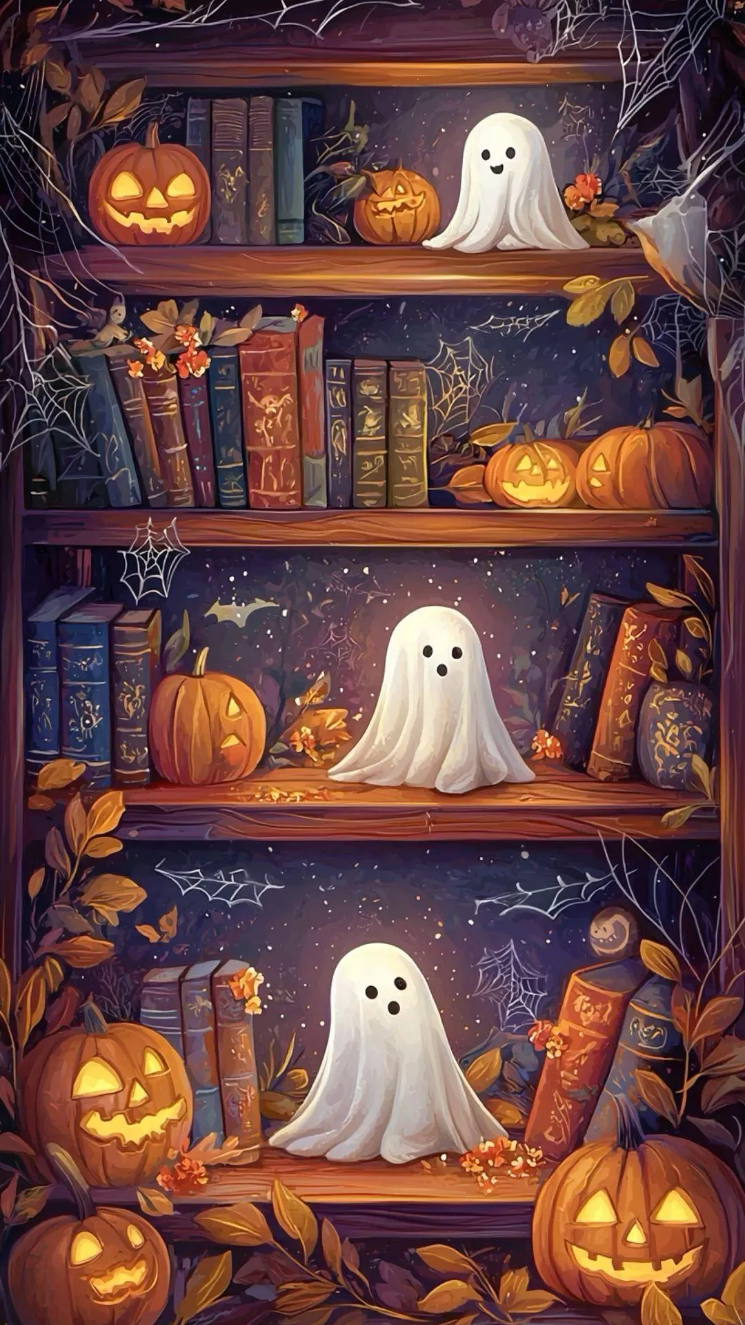 Halloween Bookshelf with Pumpkins Ghosts and Fall Decor